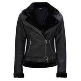 Women Black Shearling Leather Moto Jacket on a white background