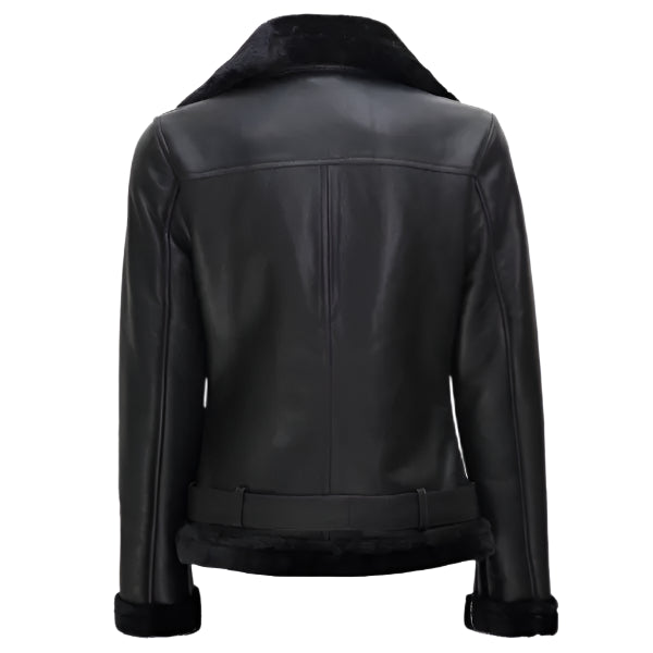 Women Black Shearling Leather Moto Jacket on a white background