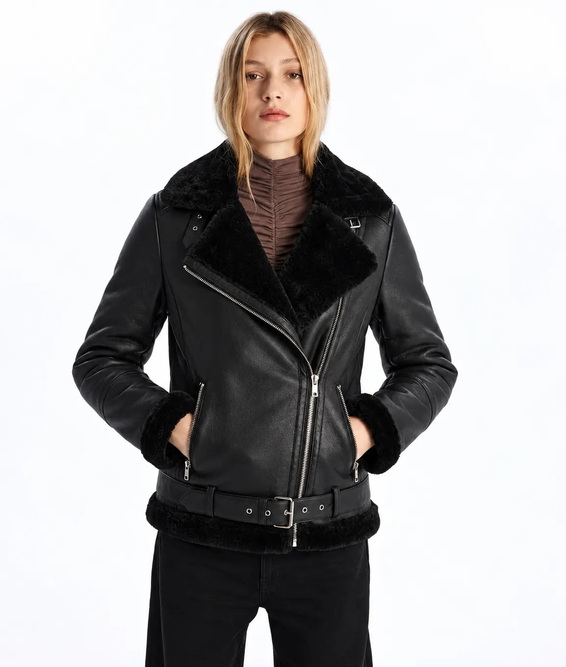 Women Black Shearling Leather Moto Jacket