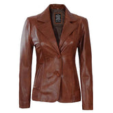 Unwind Leather Women Brown Cognac Leather Blazer With white background
