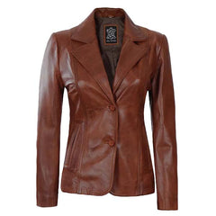 Unwind Leather Women Brown Cognac Leather Blazer With white background
