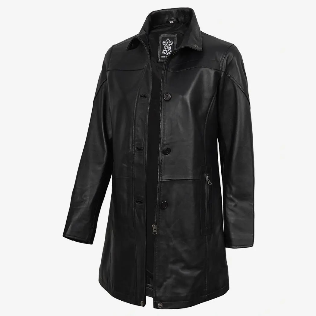 Women's 3/4 Length Black Lambskin Leather Car Coat