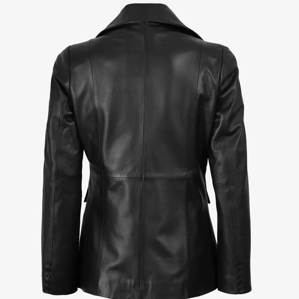 Women's Black Button Real Lambskin Leather Blazer