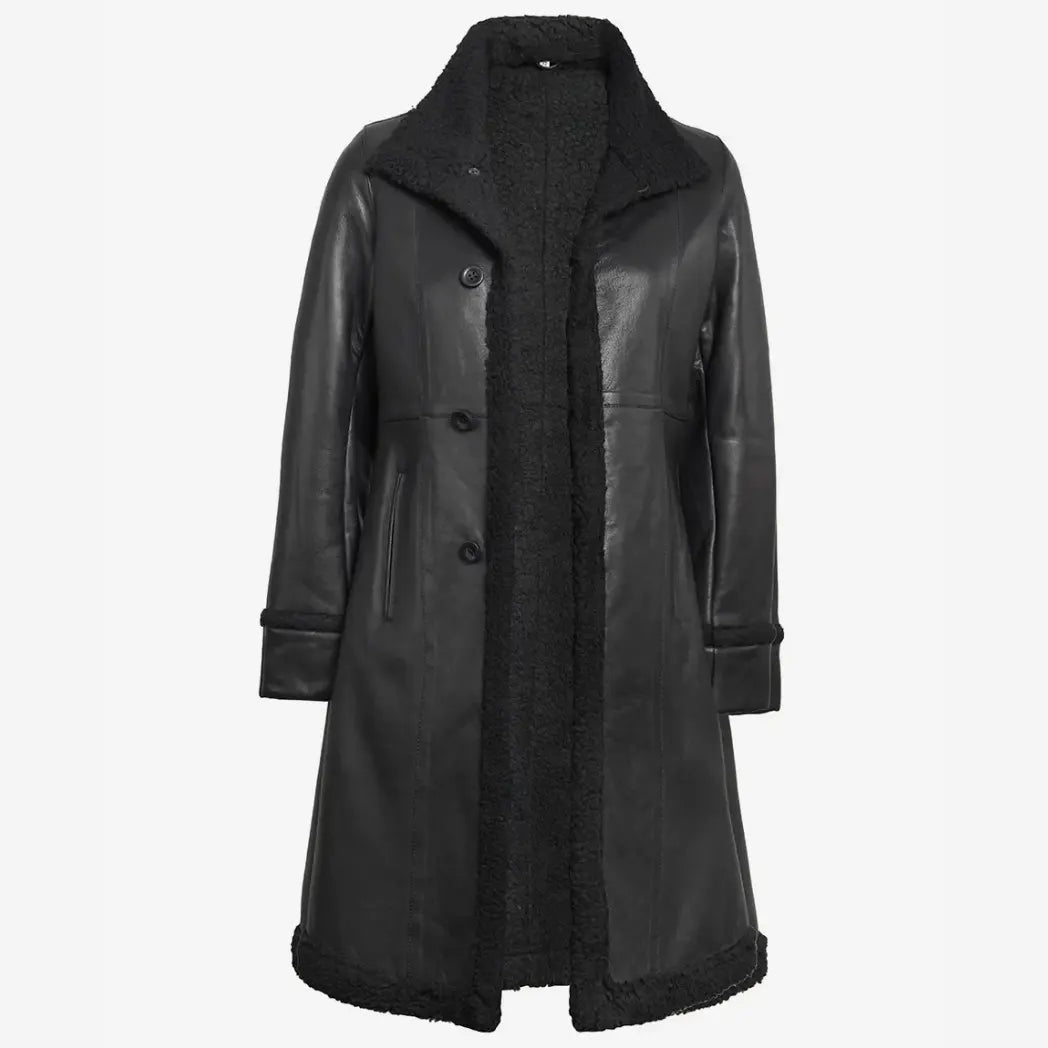 Women's 3/4 Length Black Shearling Real Leather Coat