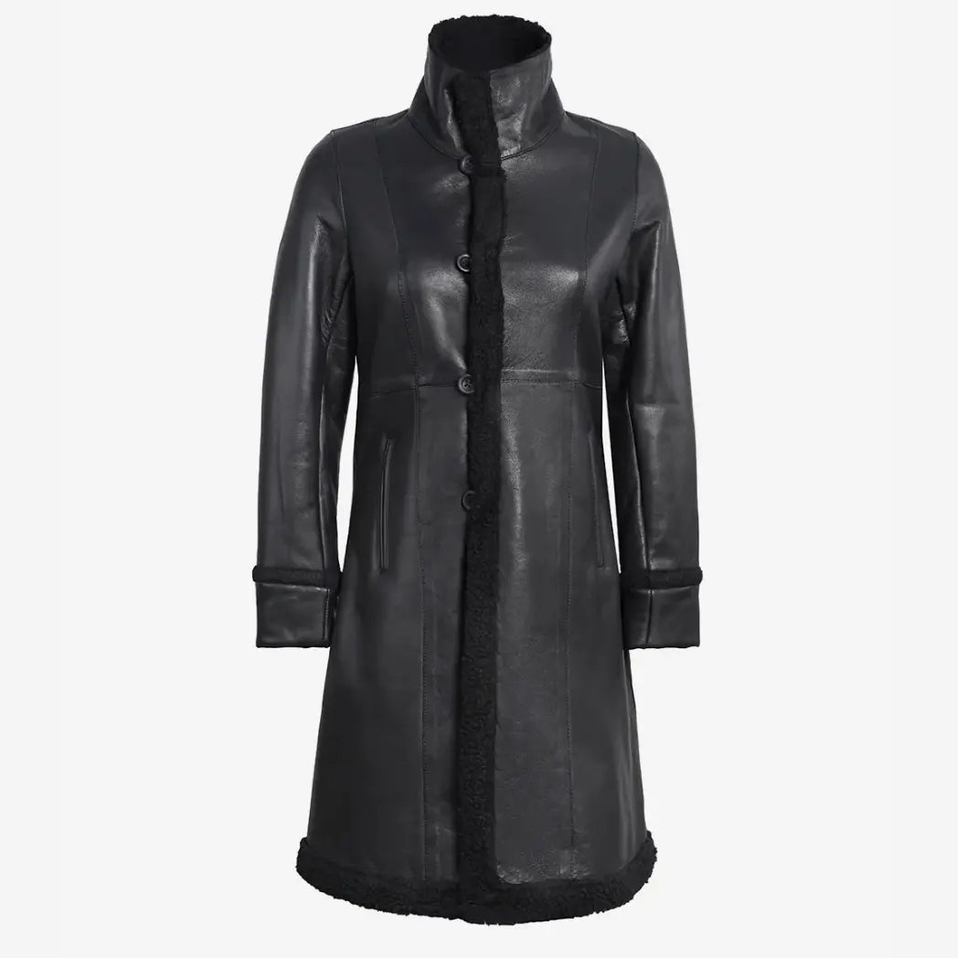 Women's 3/4 Length Black Shearling Real Leather Coat