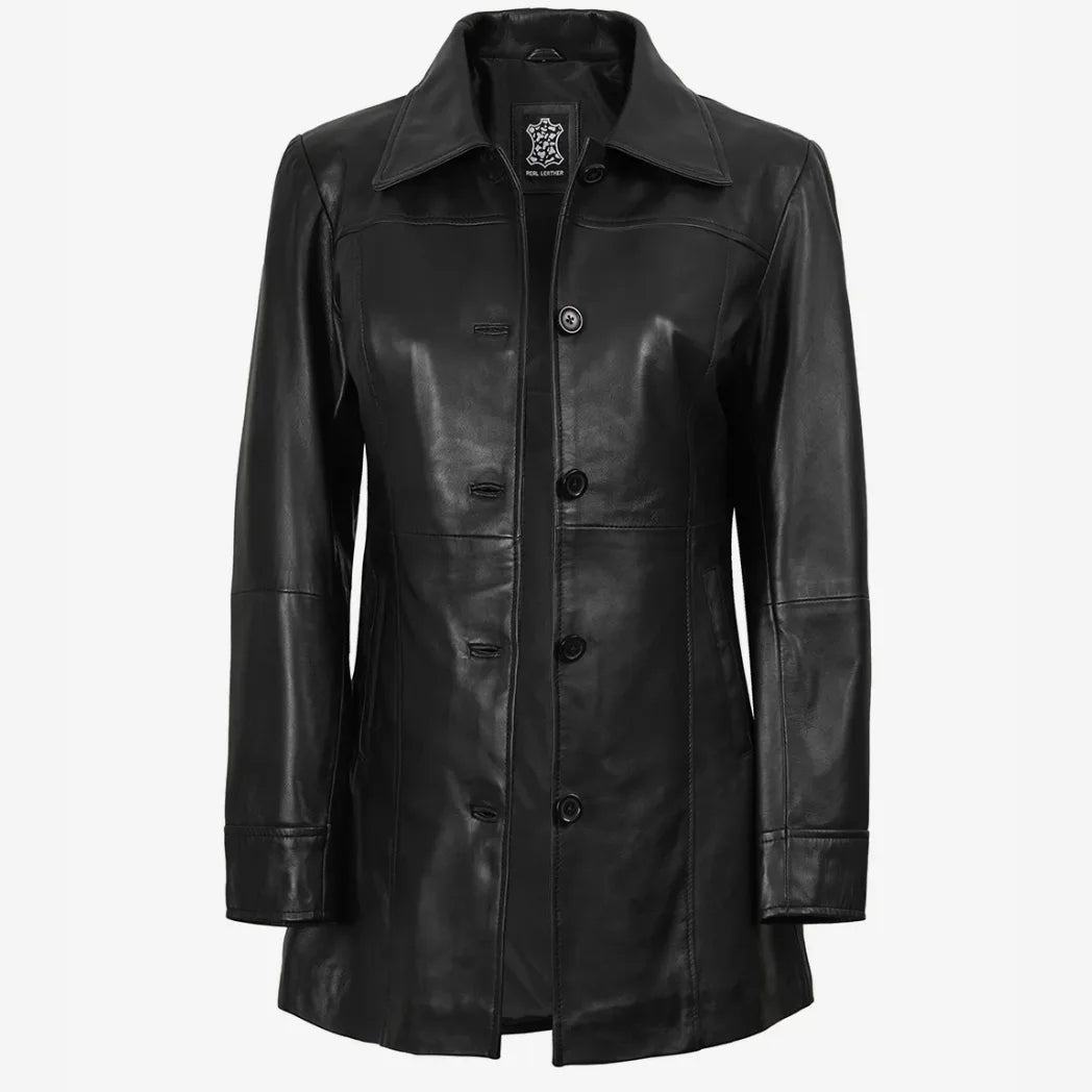 Women's 3/4 Length Button Down Black Real Leather Coat