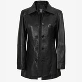 Women's 3/4 Length Button Down Black Real Leather Coat