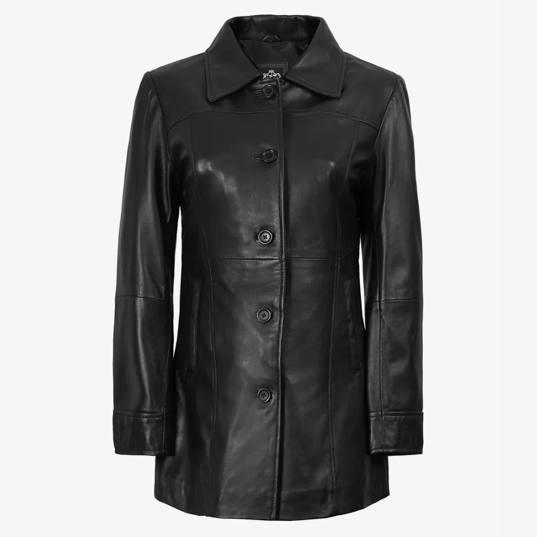 Women's 3/4 Length Button Down Black Real Leather Coat
