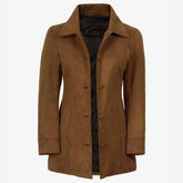 Women's 3/4 Length Button Down Light Brown Faux Suede Coat