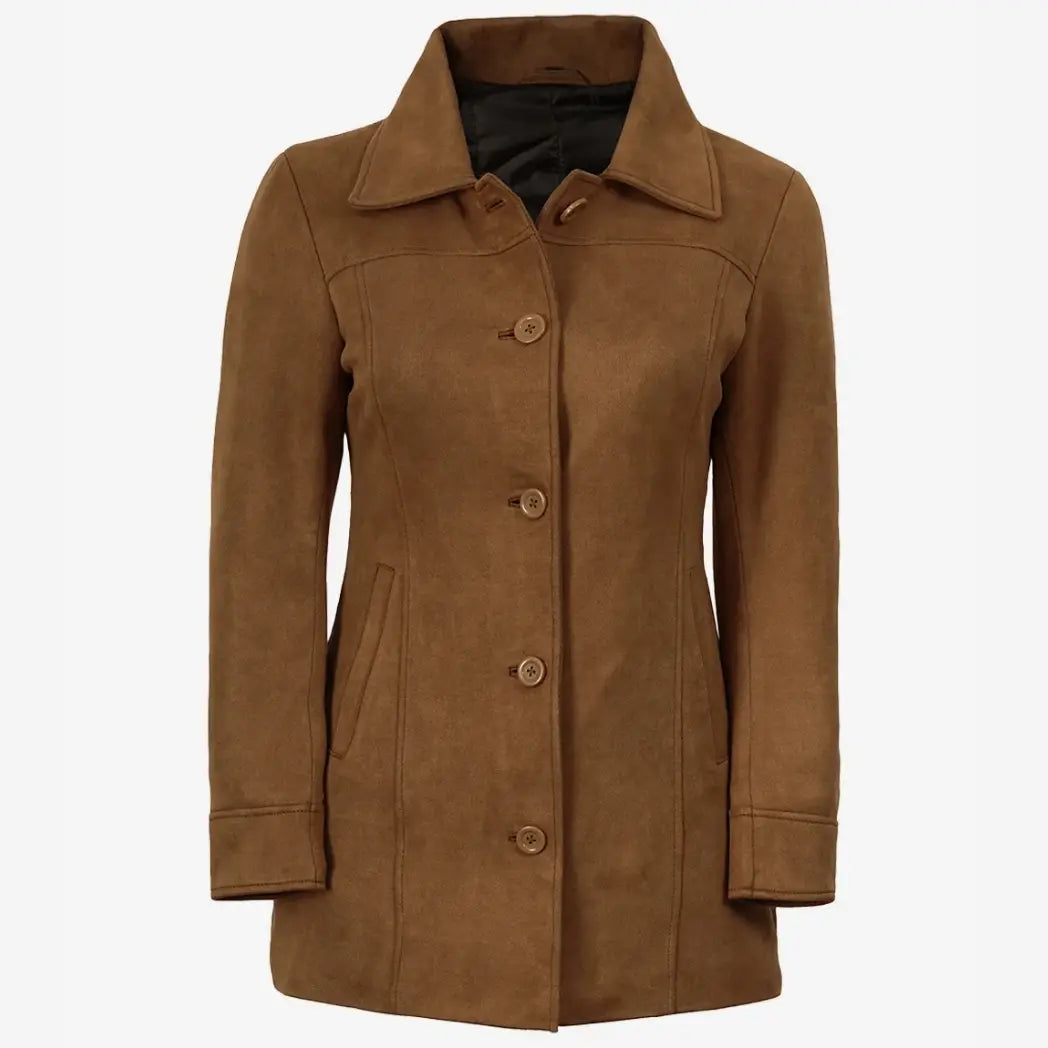 Women's 3/4 Length Button Down Light Brown Faux Suede Coat