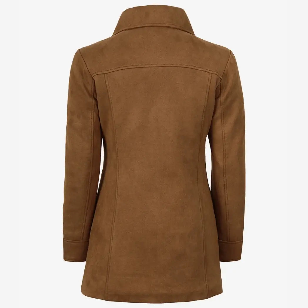 Women's 3/4 Length Button Down Light Brown Faux Suede Coat