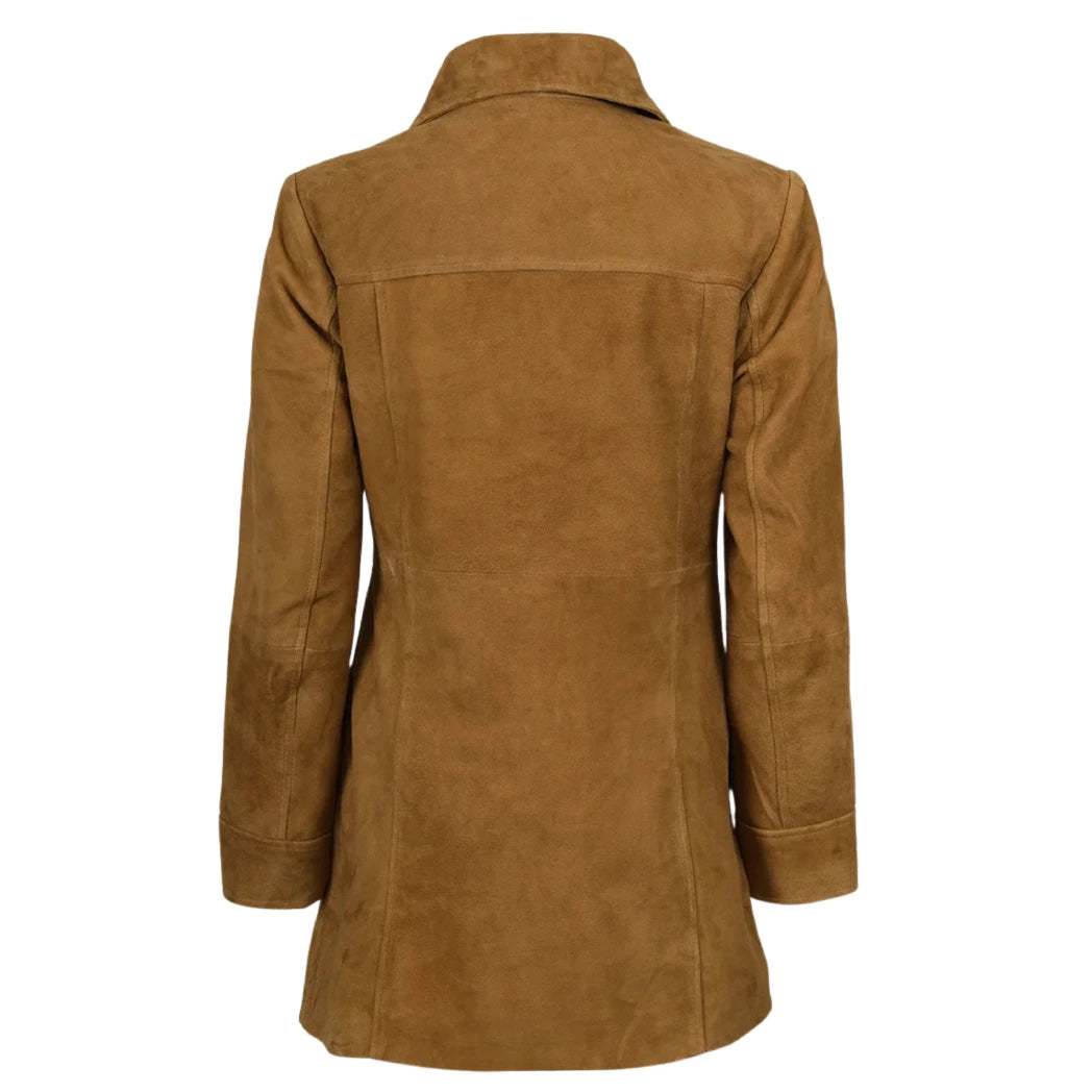 Women's 3/4 Length Button Down Light Brown Suede Coat