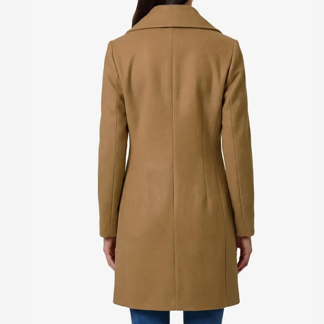 Women's 3/4 Length Camel Brown Double Breasted Wool Coat