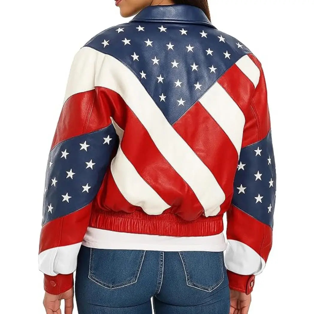 Women's American Flag Black Leather Biker Jacket