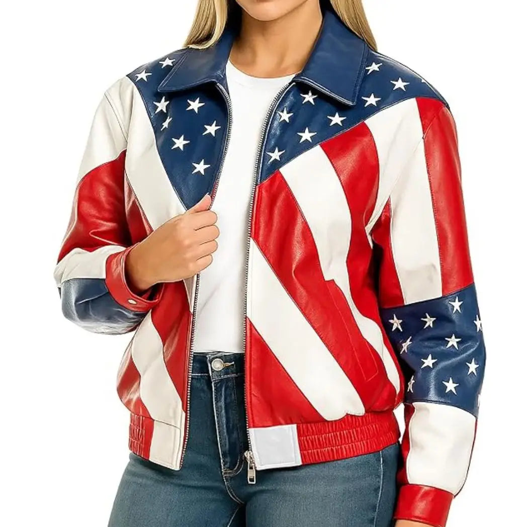 Women's American Flag Black Leather Biker Jacket
