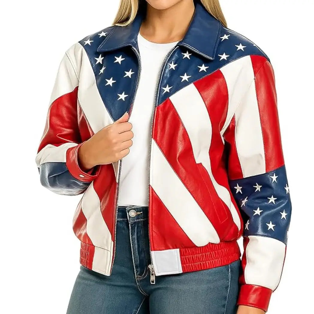 Women's American Flag Black Leather Biker Jacket