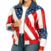Women's American Flag Black Leather Biker Jacket