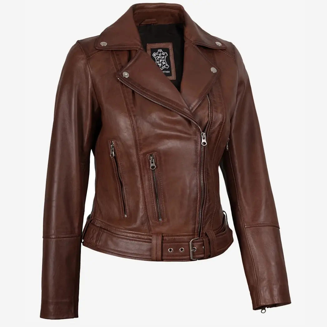 Women's Asymmetrical Biker Style Cognac Leather Jacket