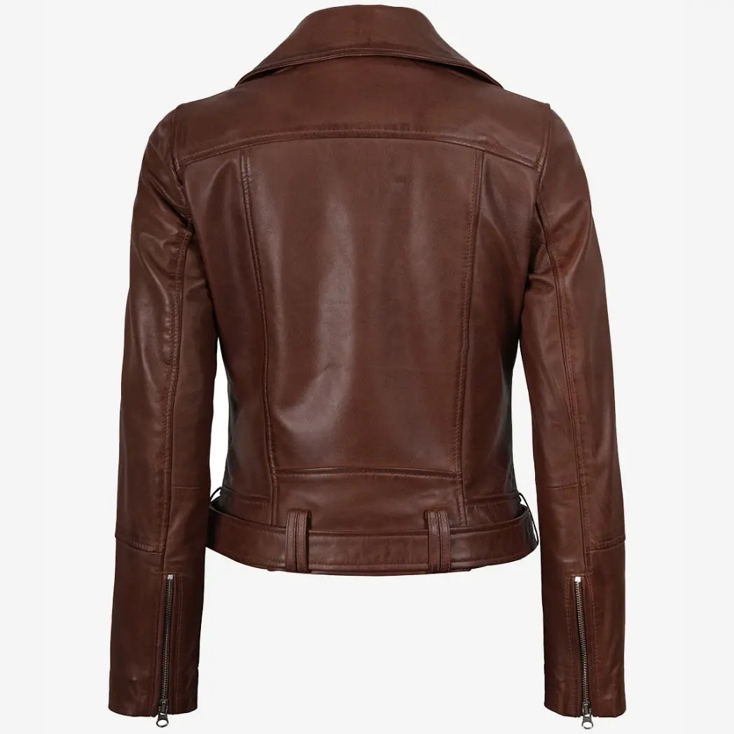 Women's Asymmetrical Biker Style Cognac Leather Jacket