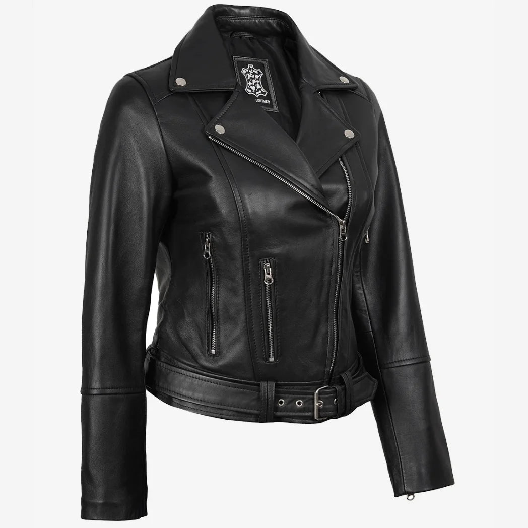Women's Asymmetrical Black Leather Belted Biker Style Jacket