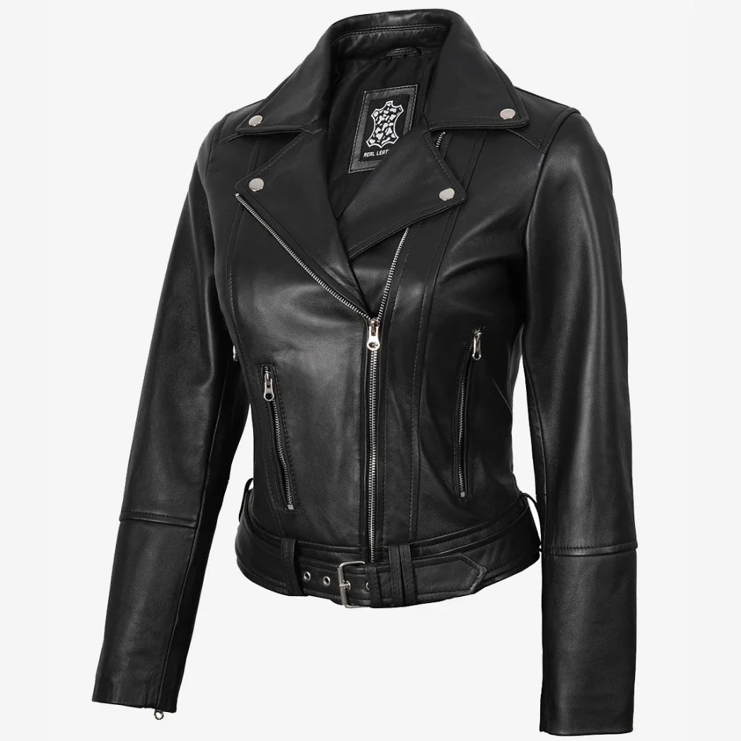 Women's Asymmetrical Black Leather Belted Biker Style Jacket