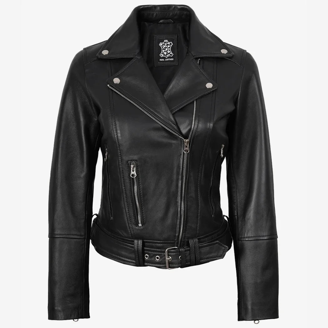 Women's Asymmetrical Black Leather Belted Biker Style Jacket
