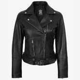 Women's Asymmetrical Black Leather Belted Biker Style Jacket