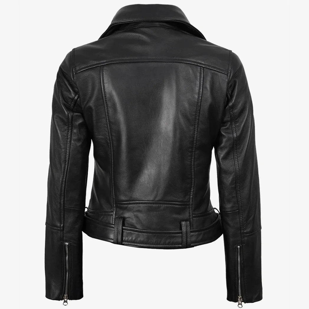 Women's Asymmetrical Black Leather Belted Biker Style Jacket
