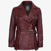 Women's Asymmetrical Maroon Belted Biker Style Leather Jacket