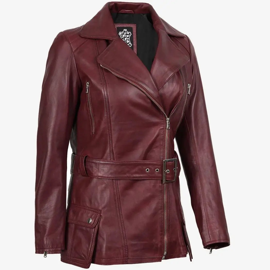 Women's Asymmetrical Maroon Belted Biker Style Leather Jacket