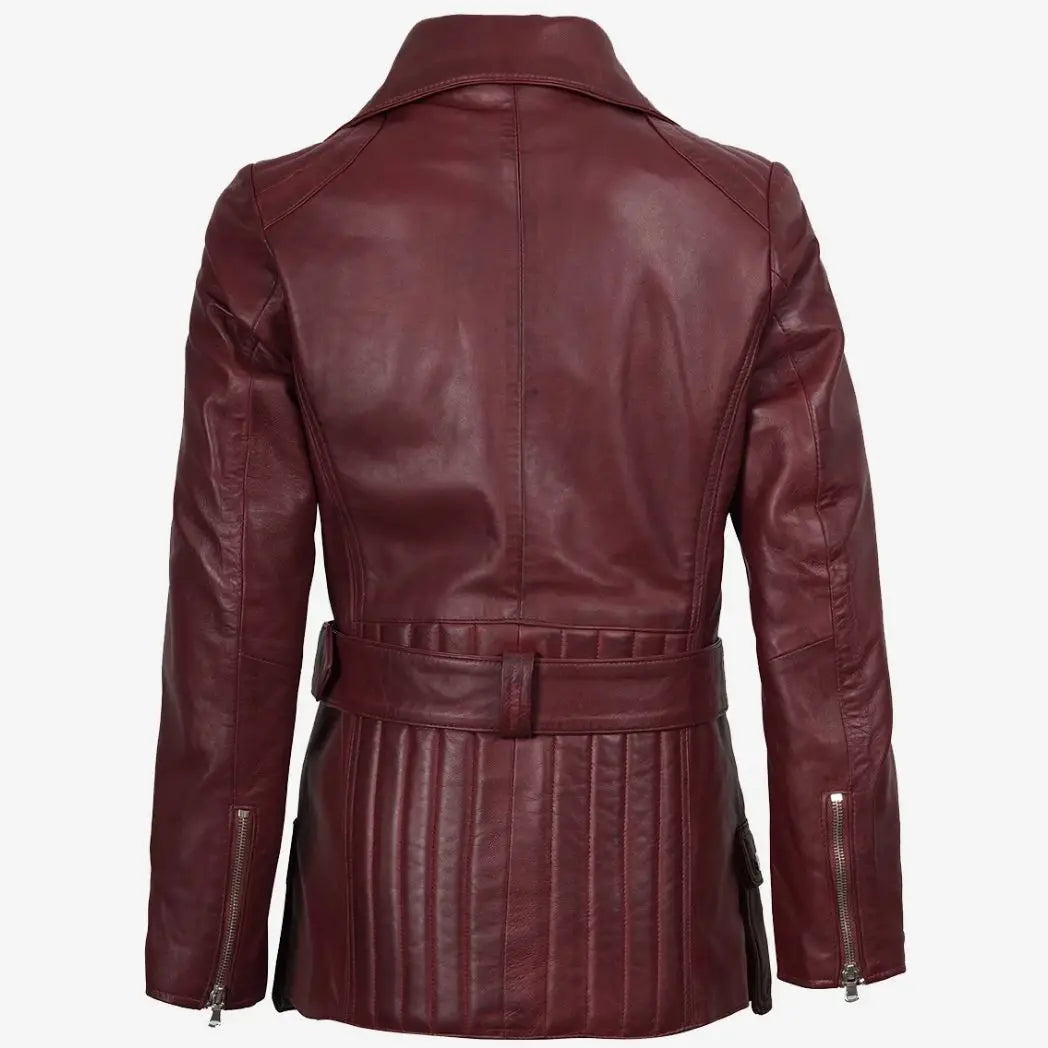 Women's Asymmetrical Maroon Belted Biker Style Leather Jacket