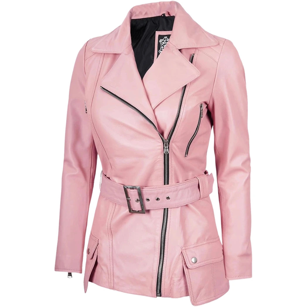 Women's Asymmetrical Pink Belted Long Biker Style Leather Jacket