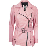 Women's Asymmetrical Pink Belted Long Biker Style Leather Jacket