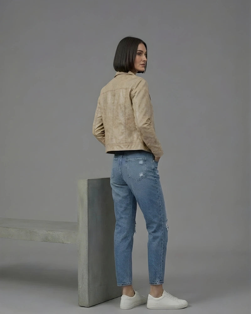 Women's Beige Suede Leather Cropped Fitted Jacket