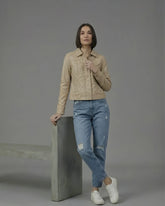 Women's Beige Suede Leather Cropped Fitted Jacket