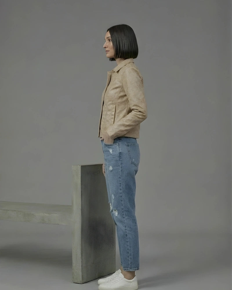 Women's Beige Suede Leather Cropped Fitted Jacket
