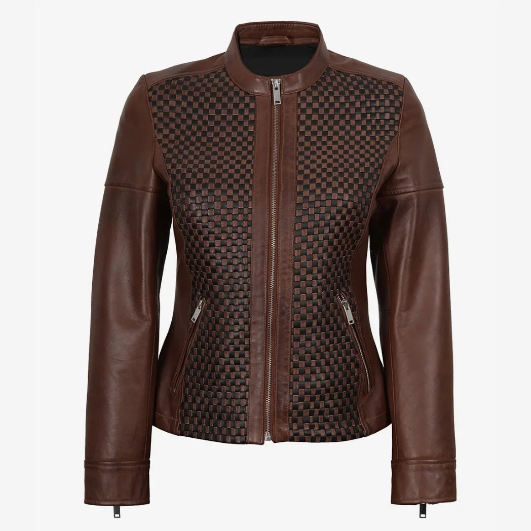 Women's Biker Style Cognac Textured Lambskin Leather Jacket