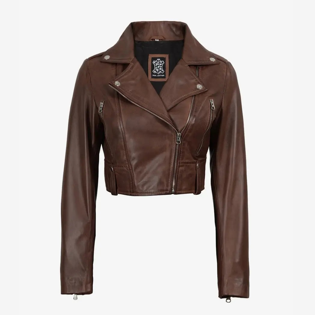 Women's Biker Style Cognac Waxed Cropped Leather Jacket
