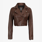Women's Biker Style Cognac Waxed Cropped Leather Jacket