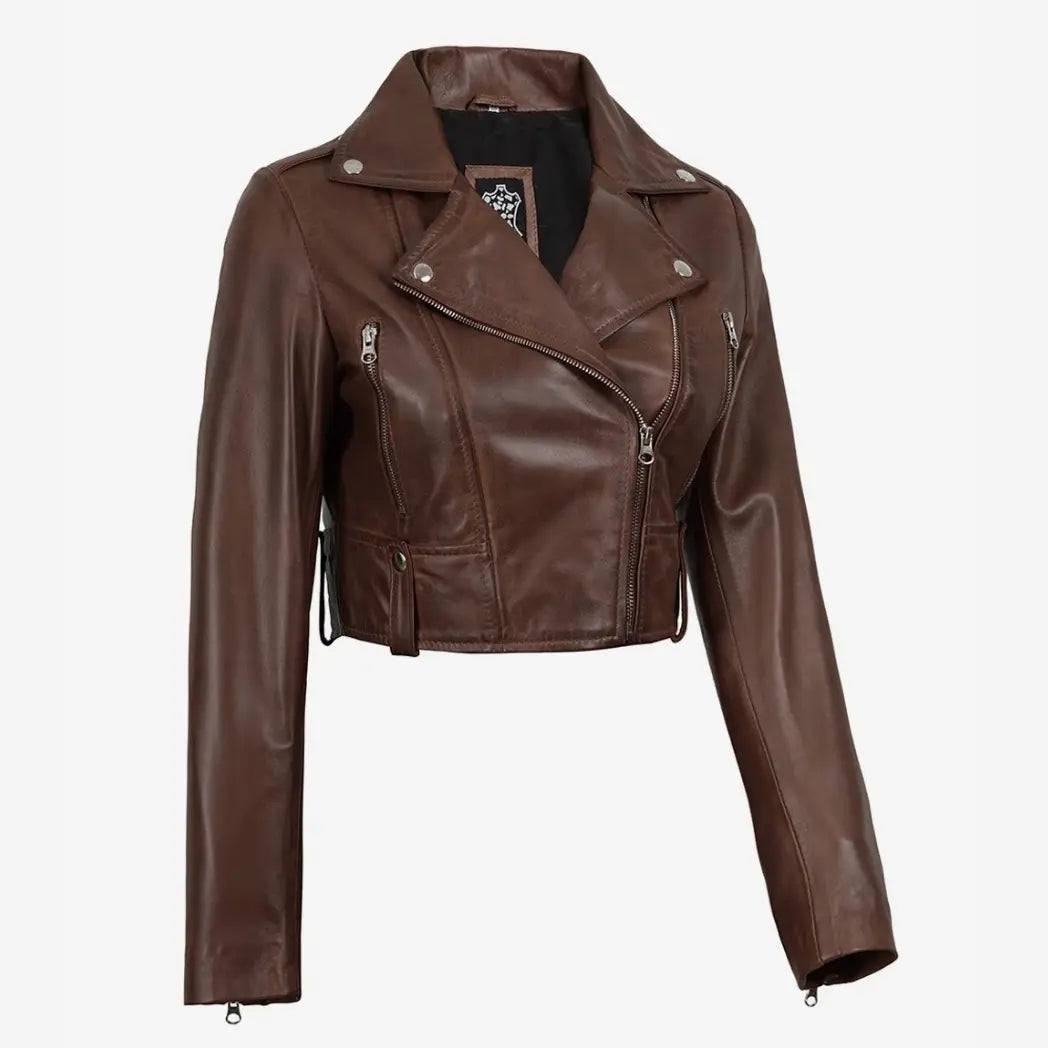 Women's Biker Style Cognac Waxed Cropped Leather Jacket