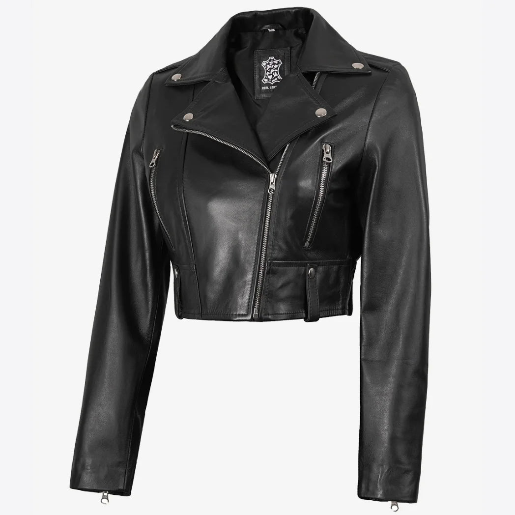 Women's Black Biker Style Asymmetrical Cropped Leather Jacket