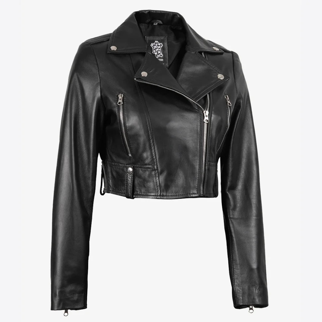 Women's Black Biker Style Asymmetrical Cropped Leather Jacket