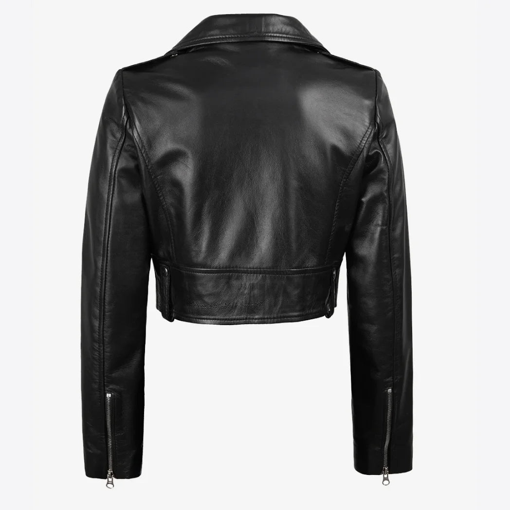 Women's Black Biker Style Asymmetrical Cropped Leather Jacket
