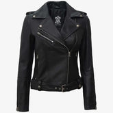 Women's Black Biker Style Leather Jacket With Belt