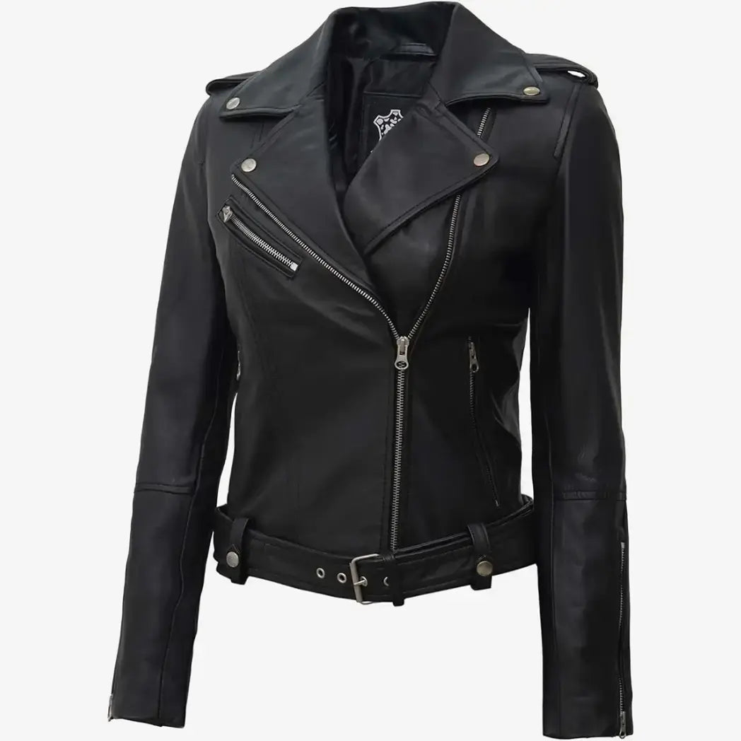 Women's Black Biker Style Leather Jacket With Belt