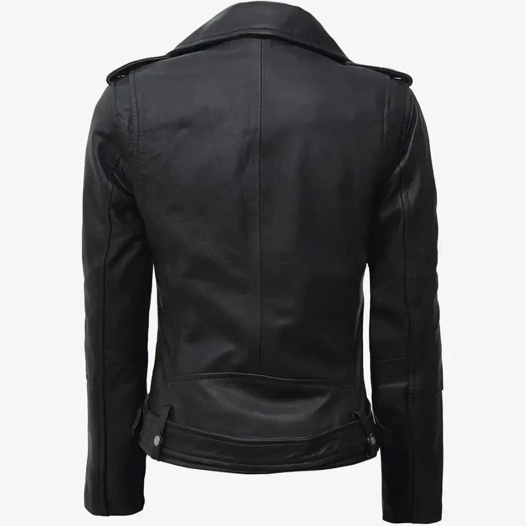Women's Black Biker Style Leather Jacket With Belt