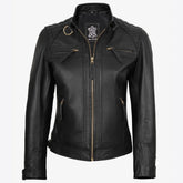 Women's Black Real Leather Biker Style Jacket with Golden Details