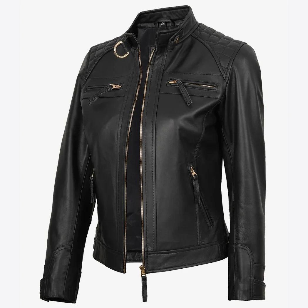 Women's Black Real Leather Biker Style Jacket with Golden Details