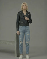 Women's Black Cropped Biker Leather Jacket