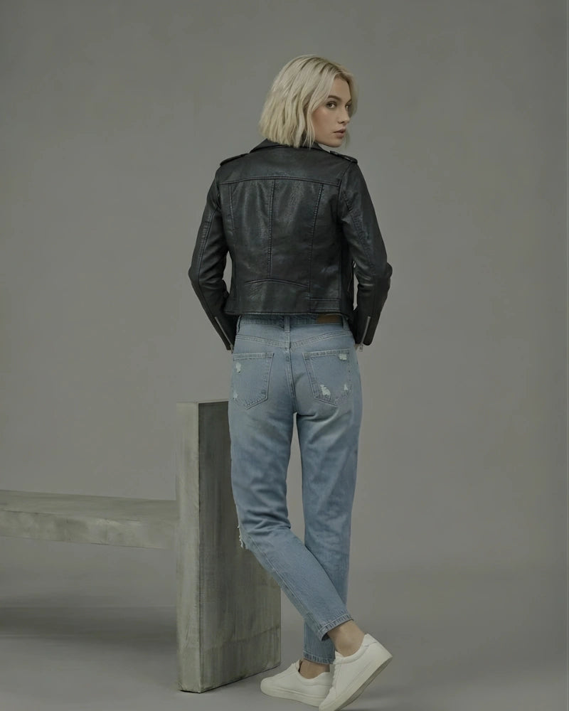 Women's Black Cropped Biker Leather Jacket